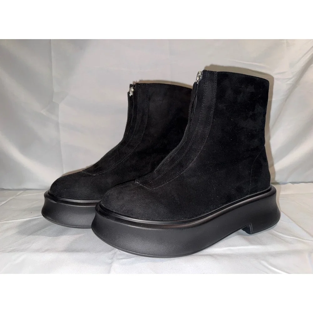 Coutgo Womens Black Faux Suede Front Zip Platform Ankle Boots Size 8.5